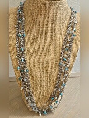COLDWATER CREEK SILVER TONE GENUINE STONES TURQUOISE PEARL LAYERS 48'  NECKLACE